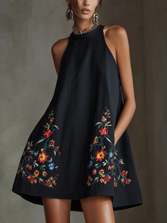Corfu Embroidered Mini Dress - Obsidian