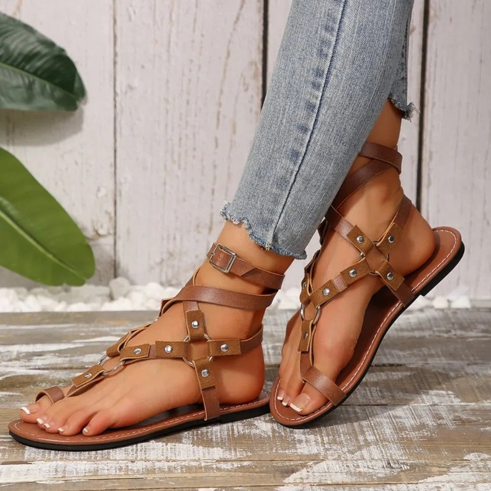 Correnti Studded Gladiator Flat Sandals - Saddle