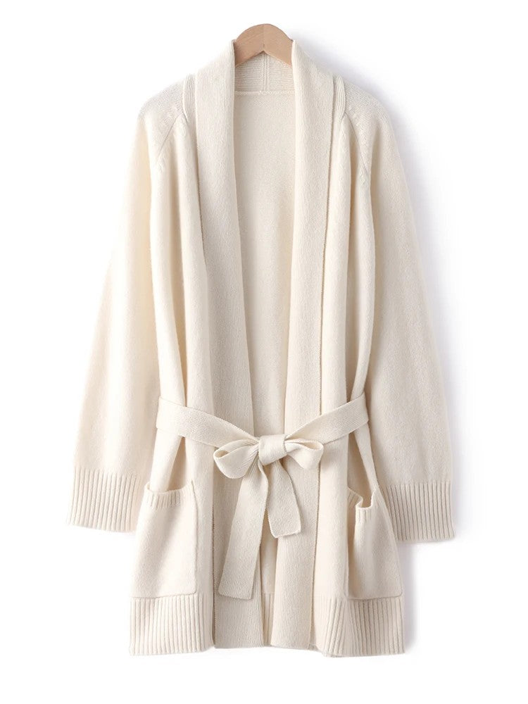 Cromwell 100% Cashmere Belted Cardigan - Chalk White