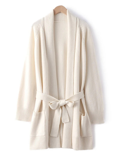 Cromwell 100% Cashmere Belted Cardigan - Chalk White