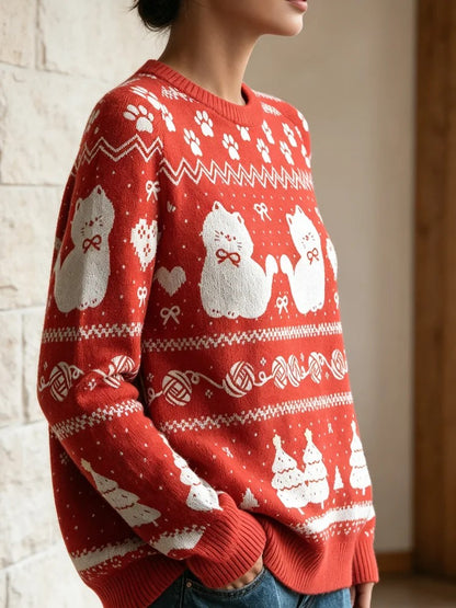 Cutesy Christmas Cat Knit Sweater - Holiday Red