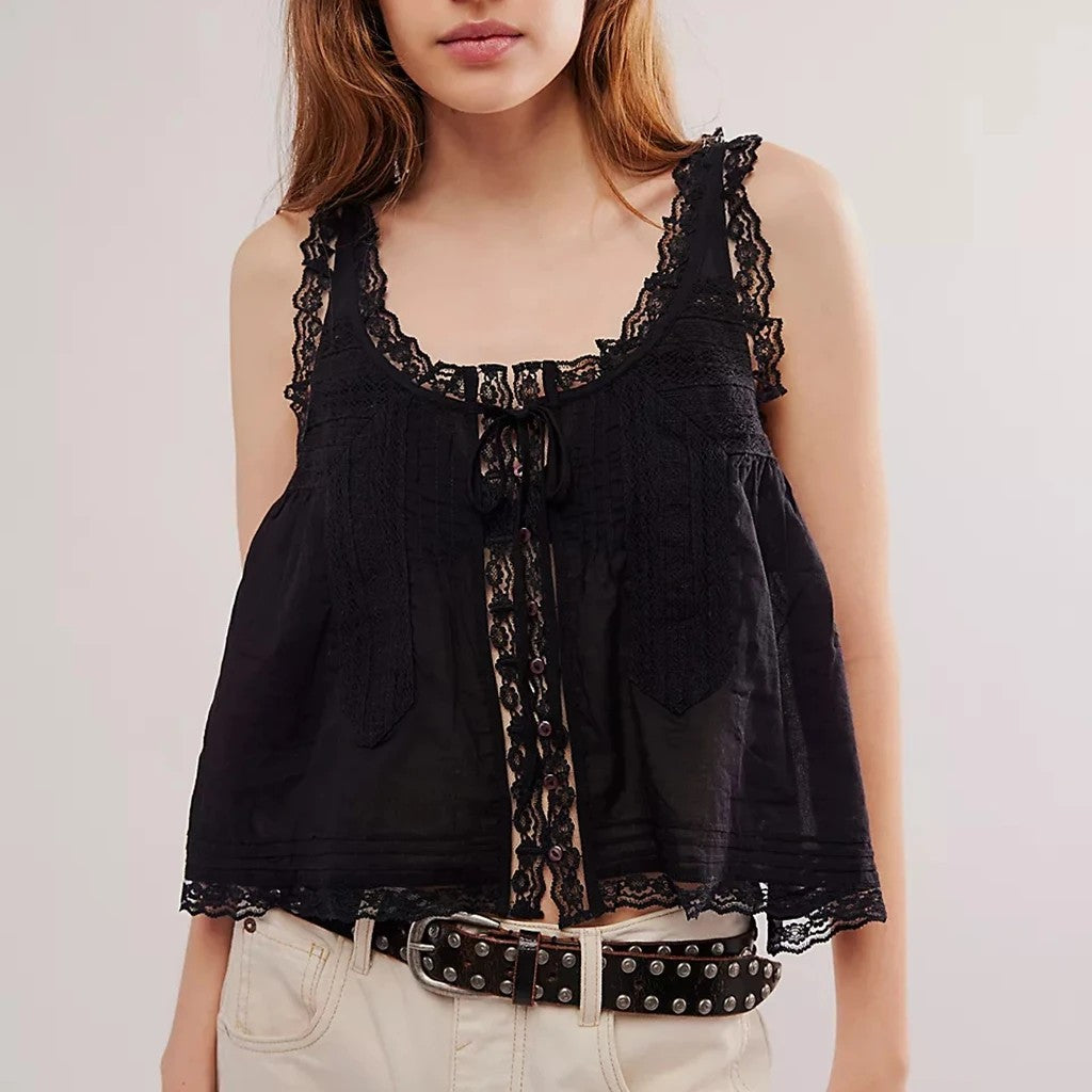 Deveraux Lace Trim Crop Top - Black