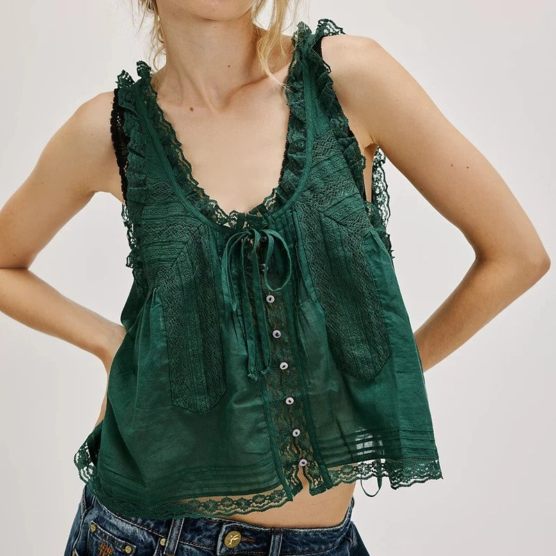 Deveraux Lace Trim Crop Top - Emerald