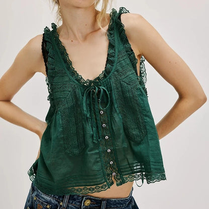 Deveraux Lace Trim Crop Top - Emerald