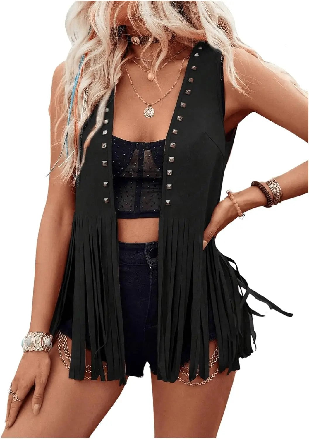 Sedona Faux Suede Fringe Vest - Black