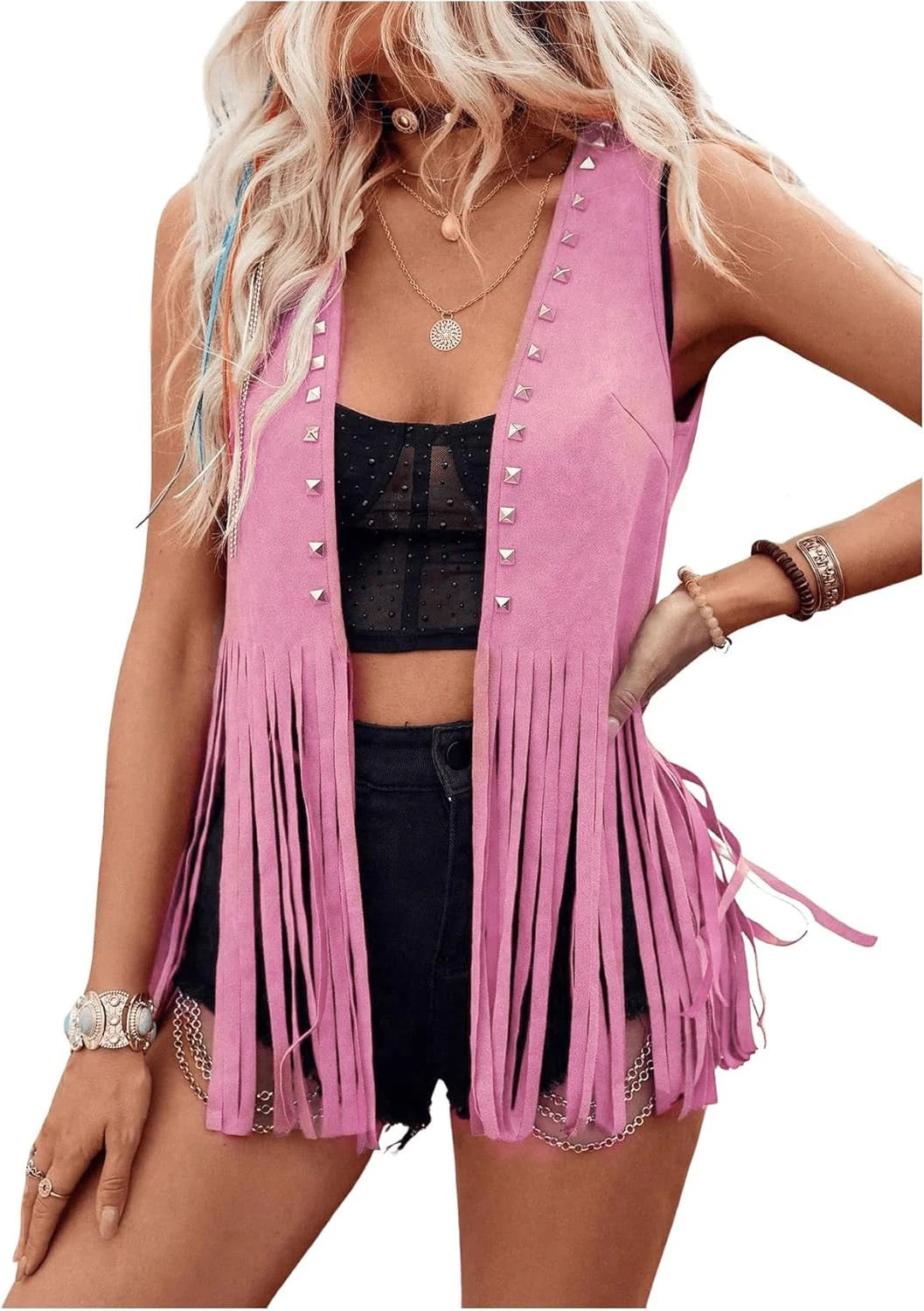 Sedona Faux Suede Fringe Vest - Rose