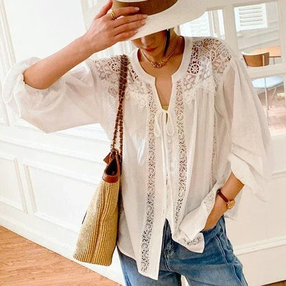 Elara 100% Cotton Lace Blouse - White