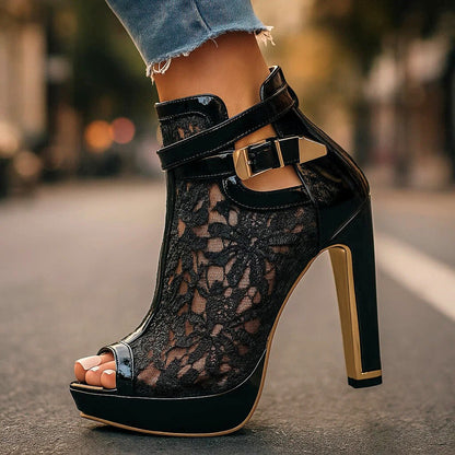 Elara Lace Pointed Heels - Black