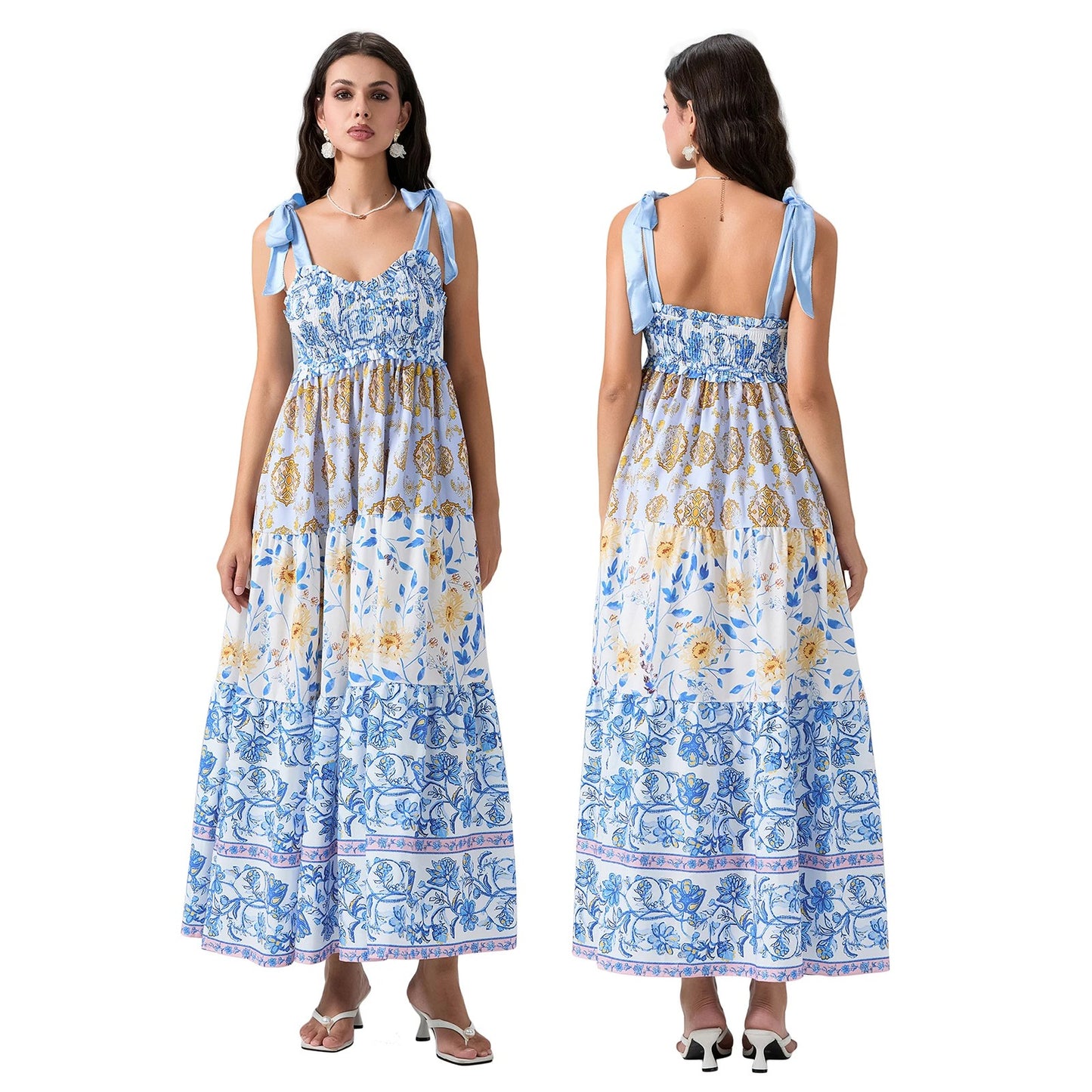 Fiorella Floral Tie-Shoulder Maxi Dress - Azure Bloom Floral
