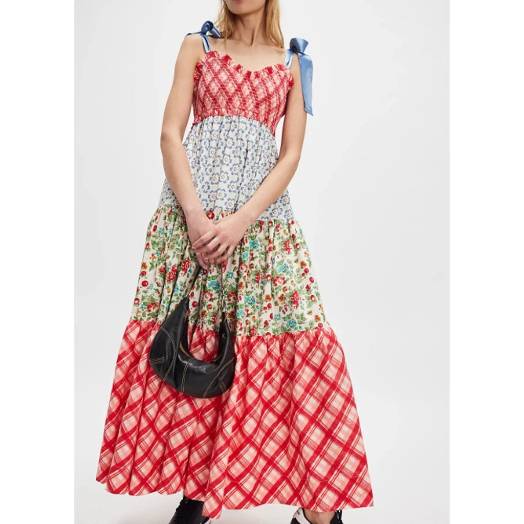 Fiorella Floral Tie-Shoulder Maxi Dress - Cherry Plaid Floral