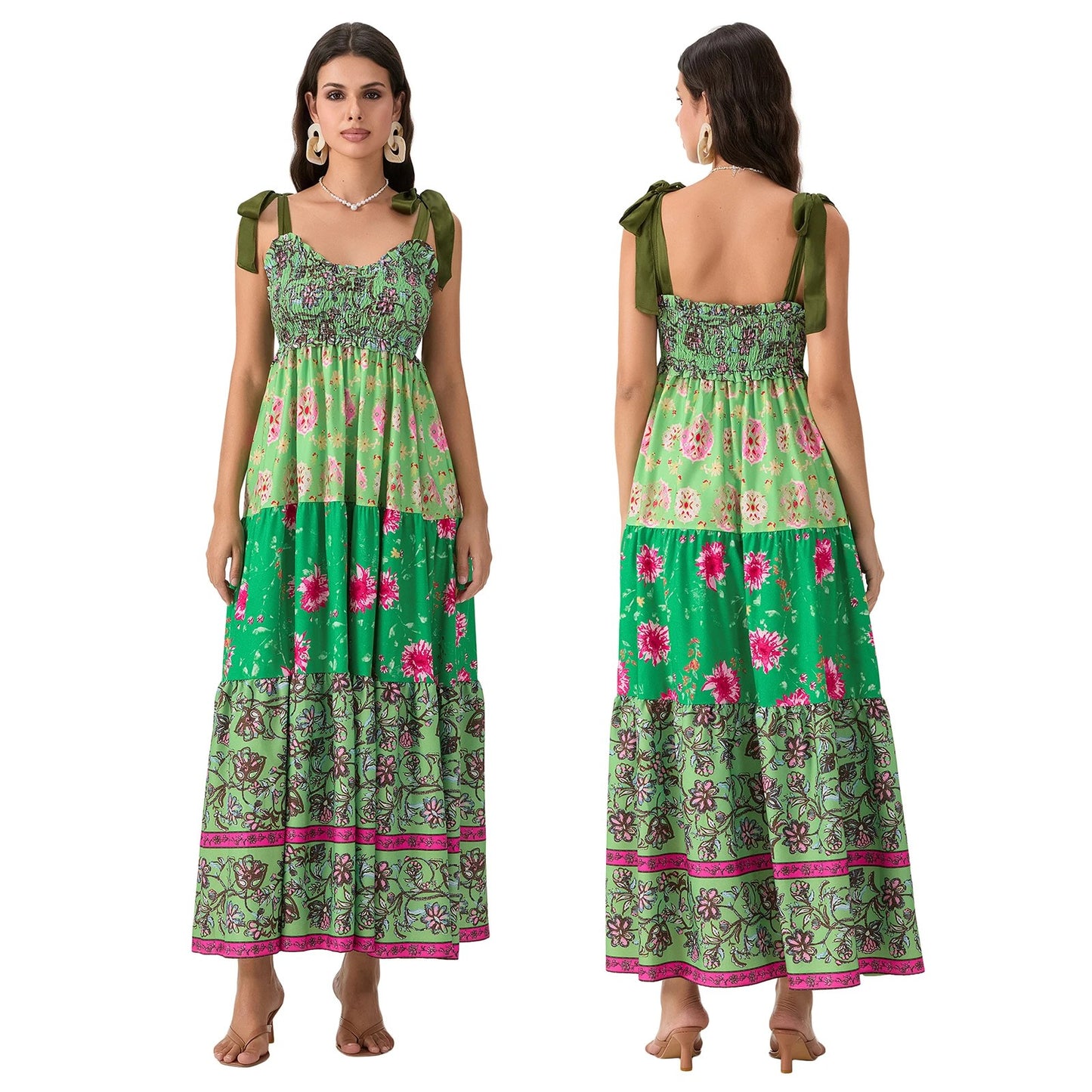 Fiorella Floral Tie-Shoulder Maxi Dress - Emerald Rose Floral