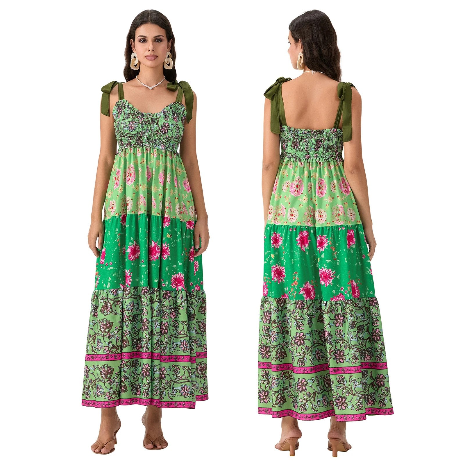 Fiorella Floral Tie-Shoulder Maxi Dress - Emerald Rose Floral