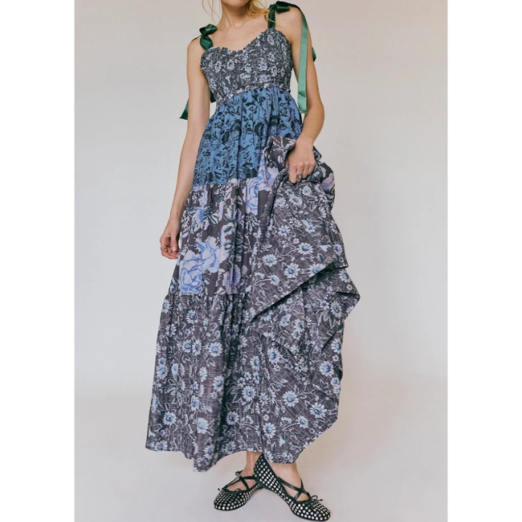 Fiorella Floral Tie-Shoulder Maxi Dress - Indigo Vine Floral