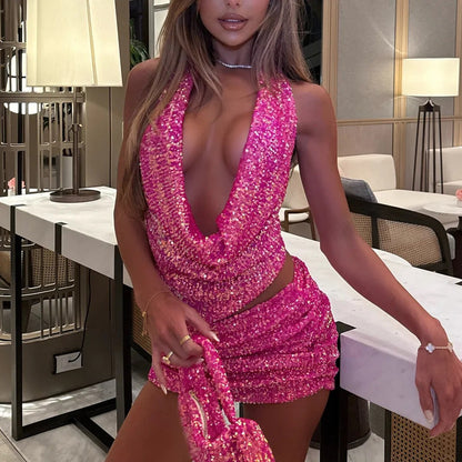 Fontaine Sequin Halter Mini Set - Fuchsia Sequin