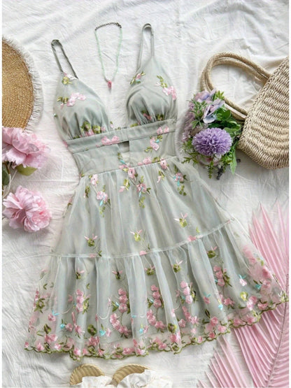 Hvar Embroidered Lace Mini Dress - Sage Mist