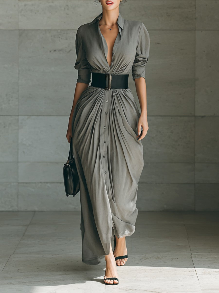 Siena Lapel Belted Maxi Dress - Slate Gray