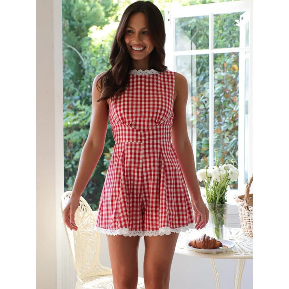 Ischia Gingham Lace Romper - Crimson Gingham