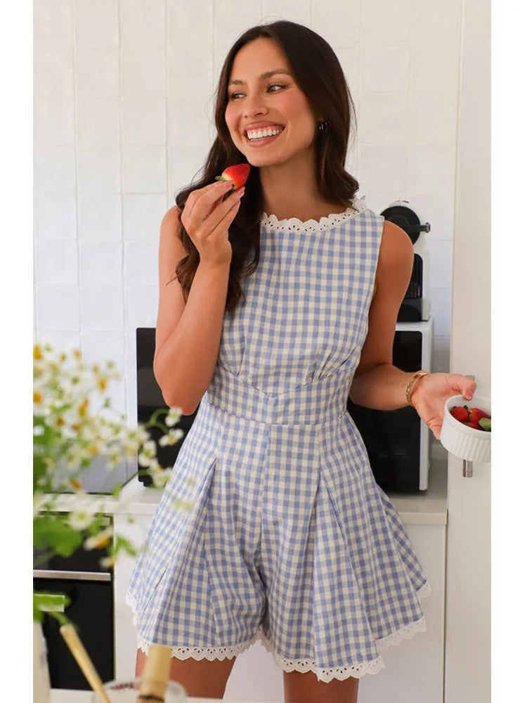 Ischia Gingham Lace Romper - Light  Blue