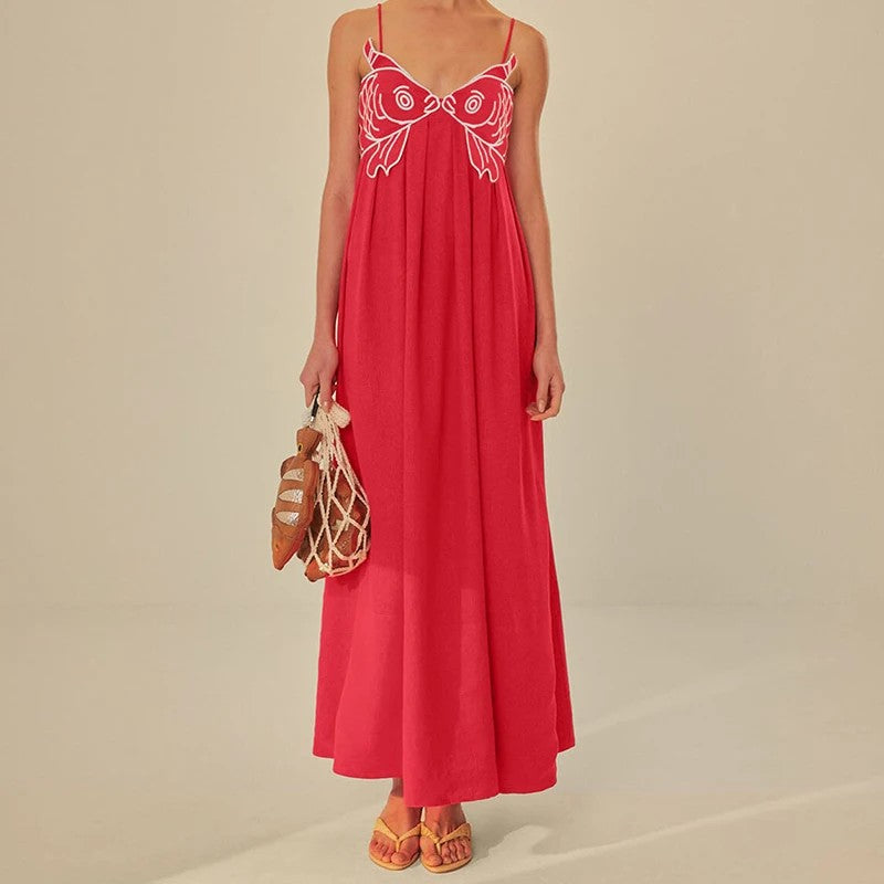Koi Embroidered Maxi Dress - Crimson