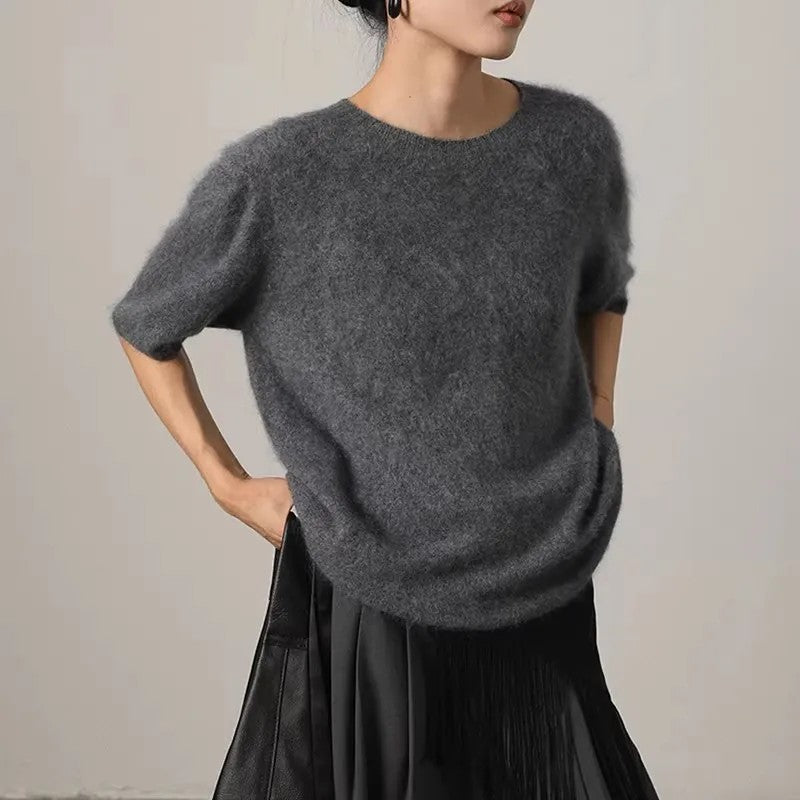 Lavina Pure Wool Short-Sleeve Sweater - Charcoal Grey