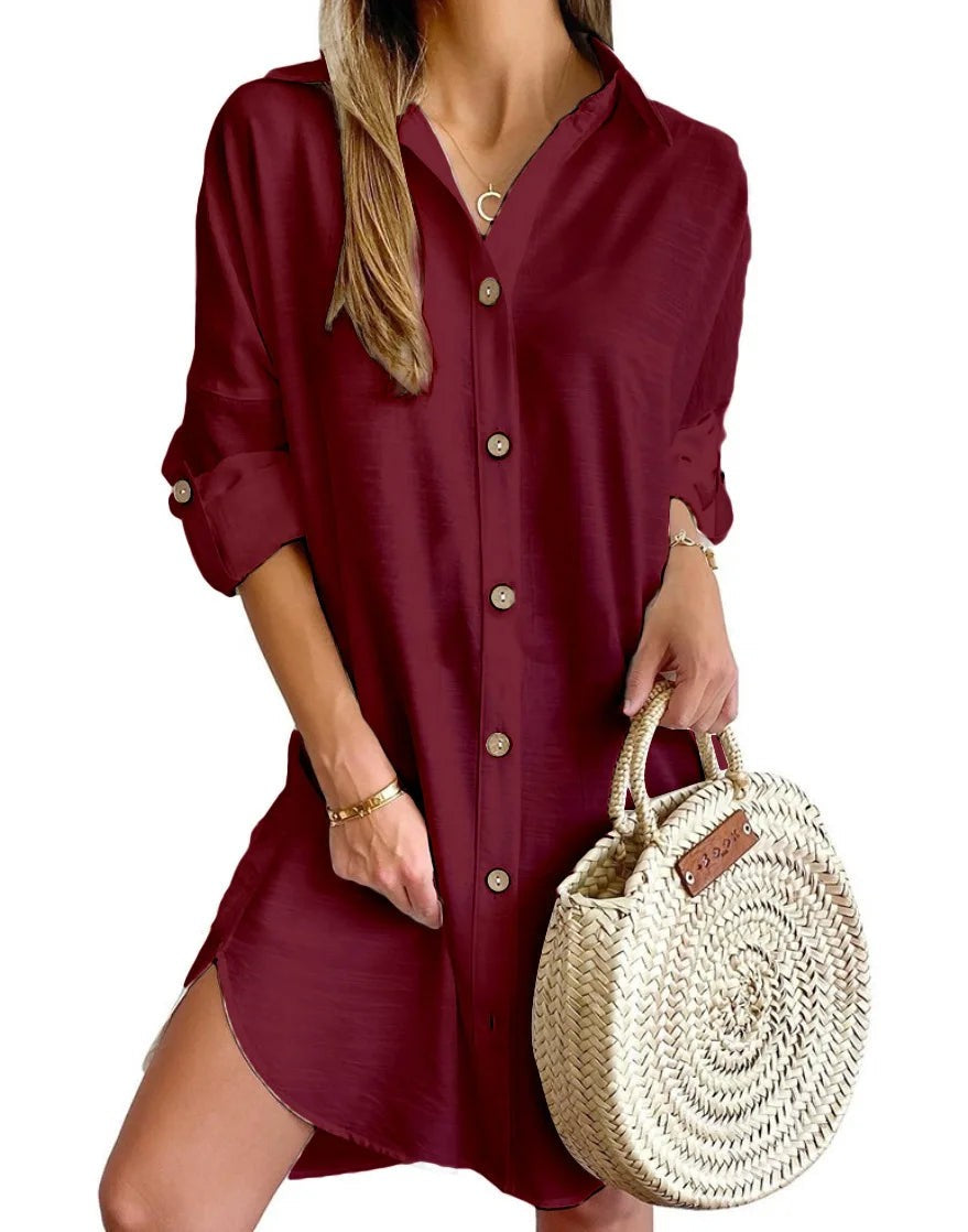 Lecce Button-Up Shirt Dress - Burgundy