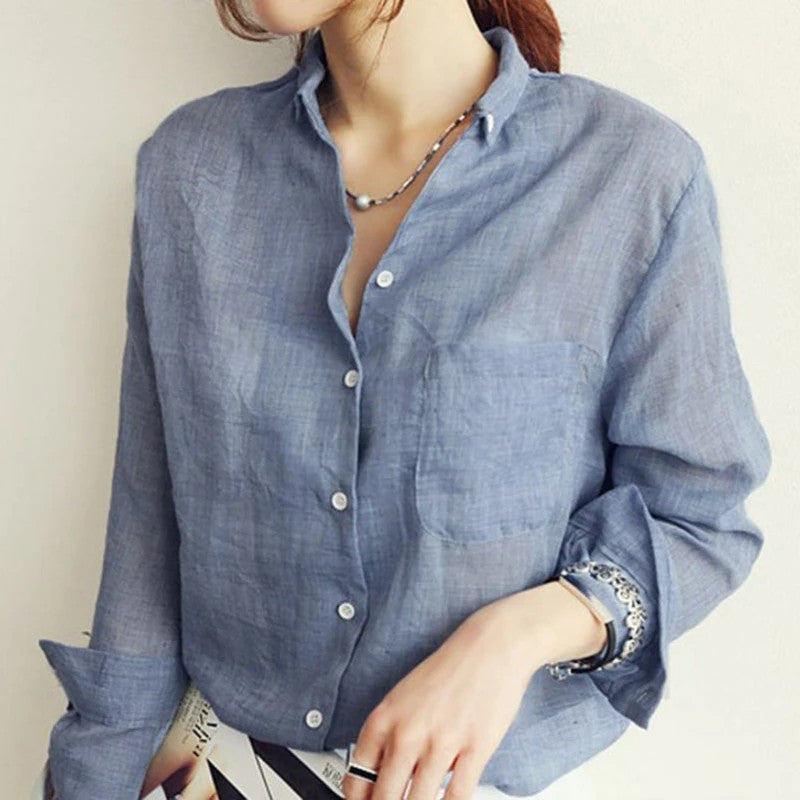 Lela Cotton Linen Long Sleeve Blouse - Azure