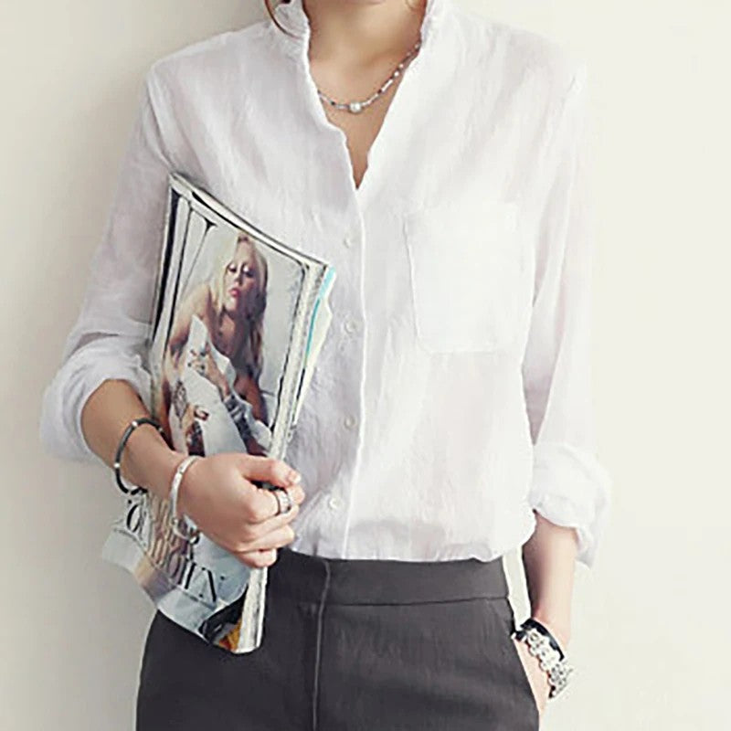 Lela Cotton Linen Long Sleeve Blouse - White