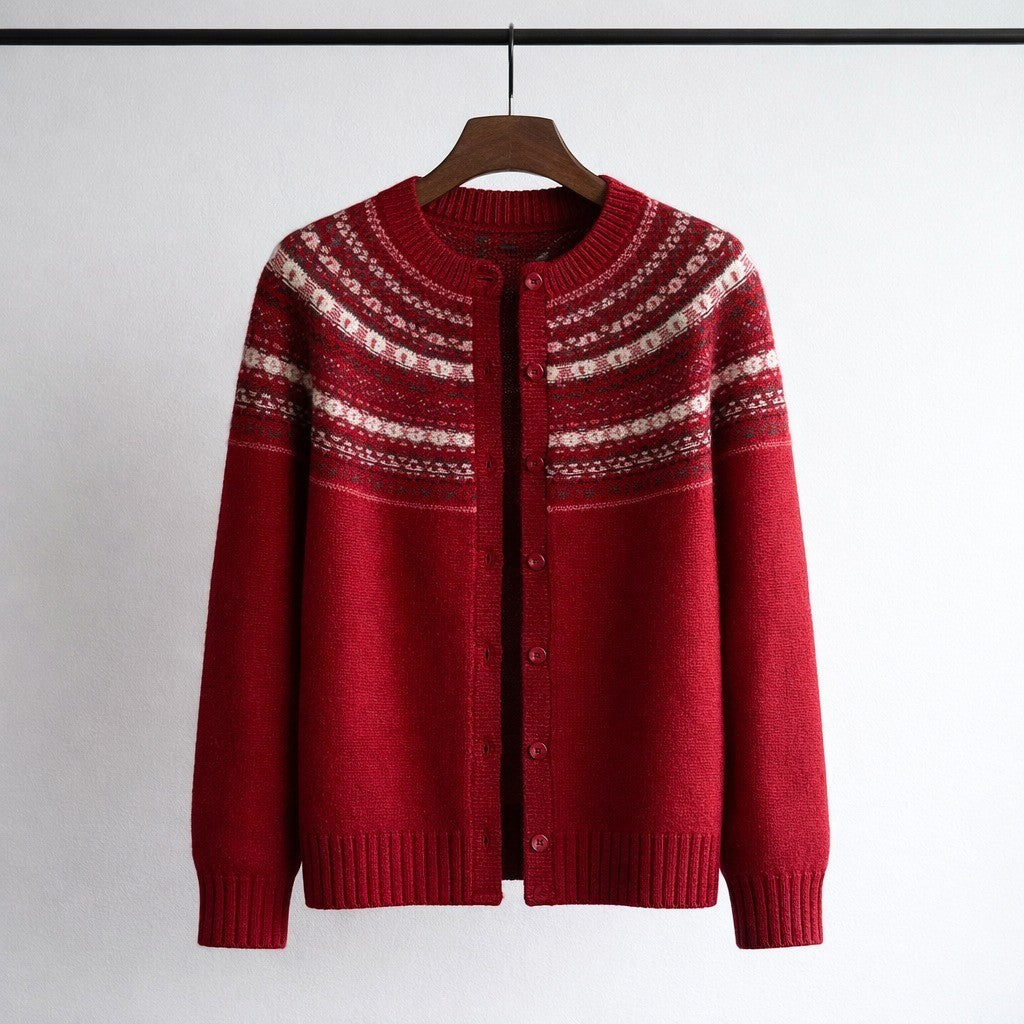 Lucerne Fair Isle Merino Wool Cardigan - Crimson