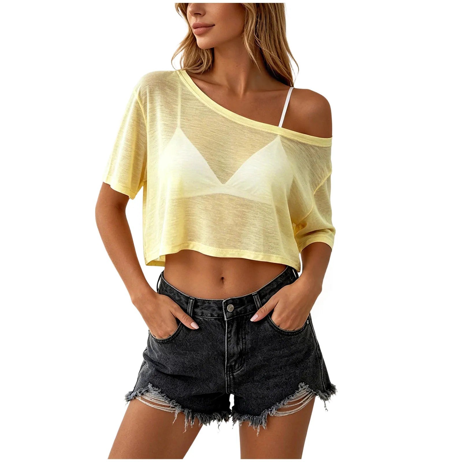 Luciani Off Shoulder Mesh Crop Top - Sandstone