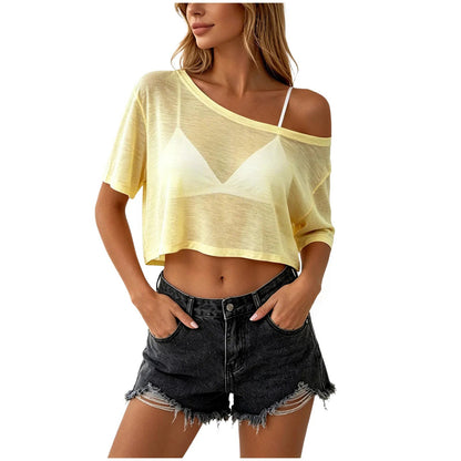 Luciani Off Shoulder Mesh Crop Top - Sandstone