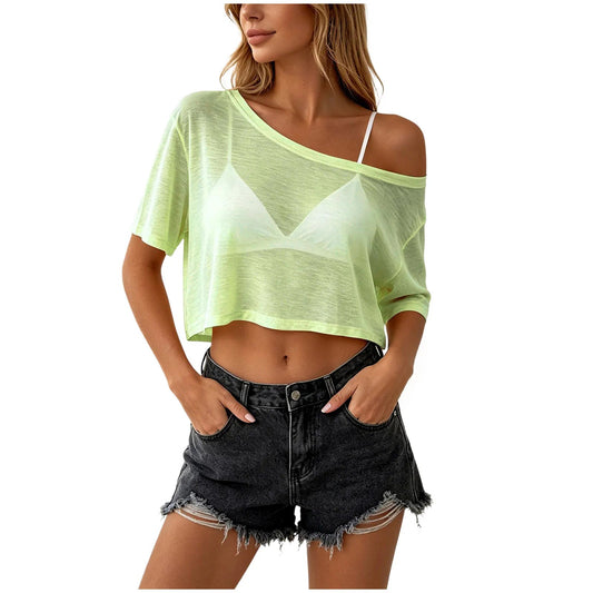 Luciani Off Shoulder Mesh Crop Top - Neon Lime