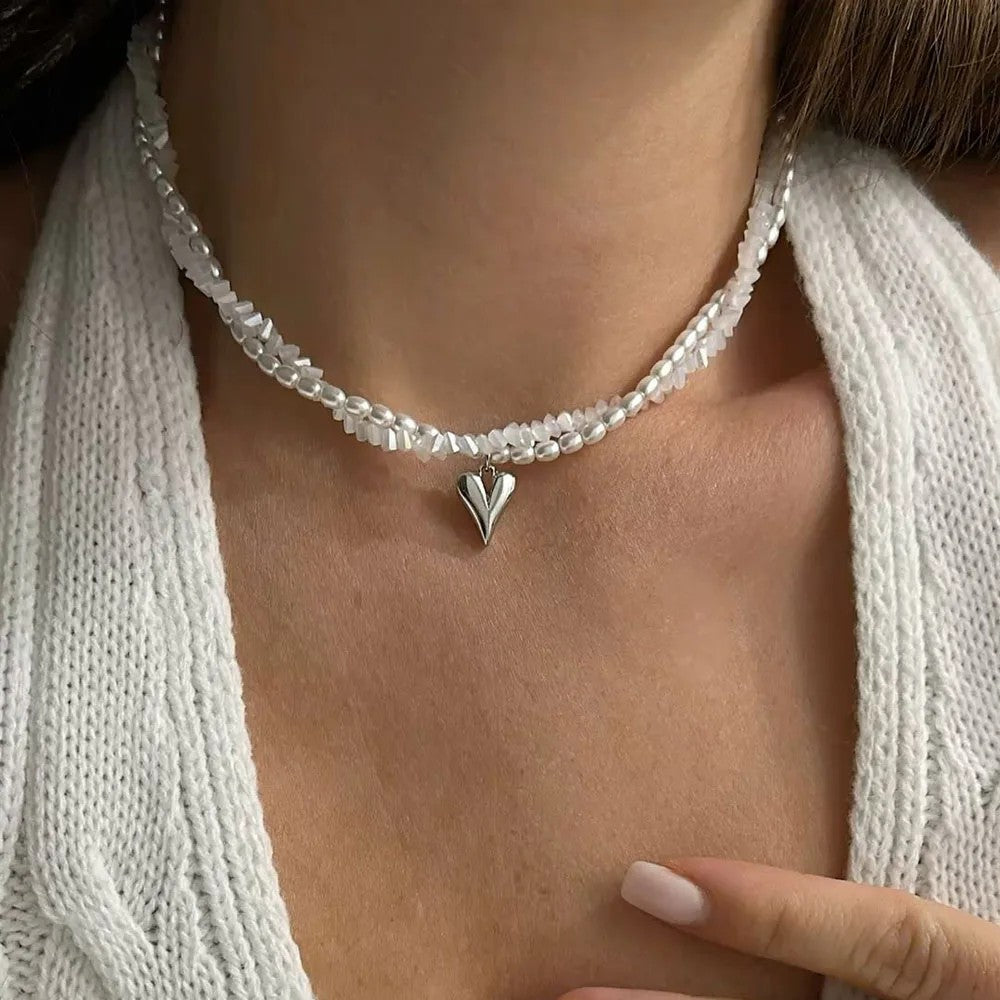 Lumina Pearl & Crystal Necklace - Double Strand Heart