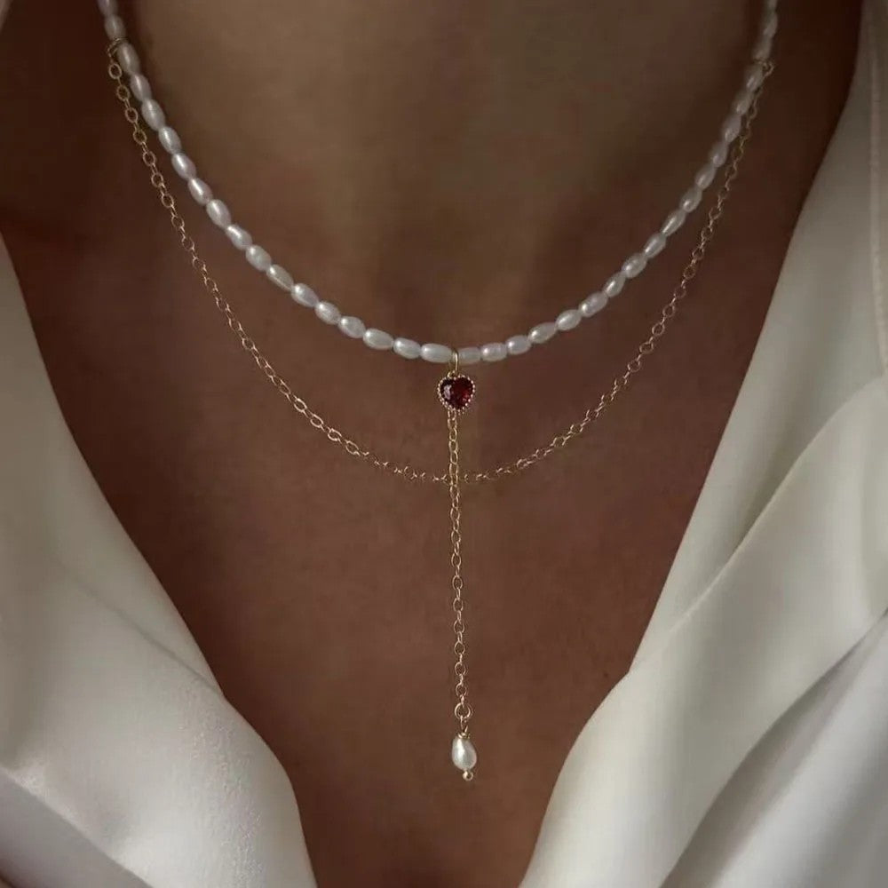 Lumina Pearl & Crystal Necklace - Pearl Red Charm