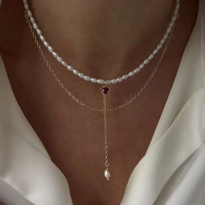 Lumina Pearl & Crystal Necklace - Pearl Red Charm