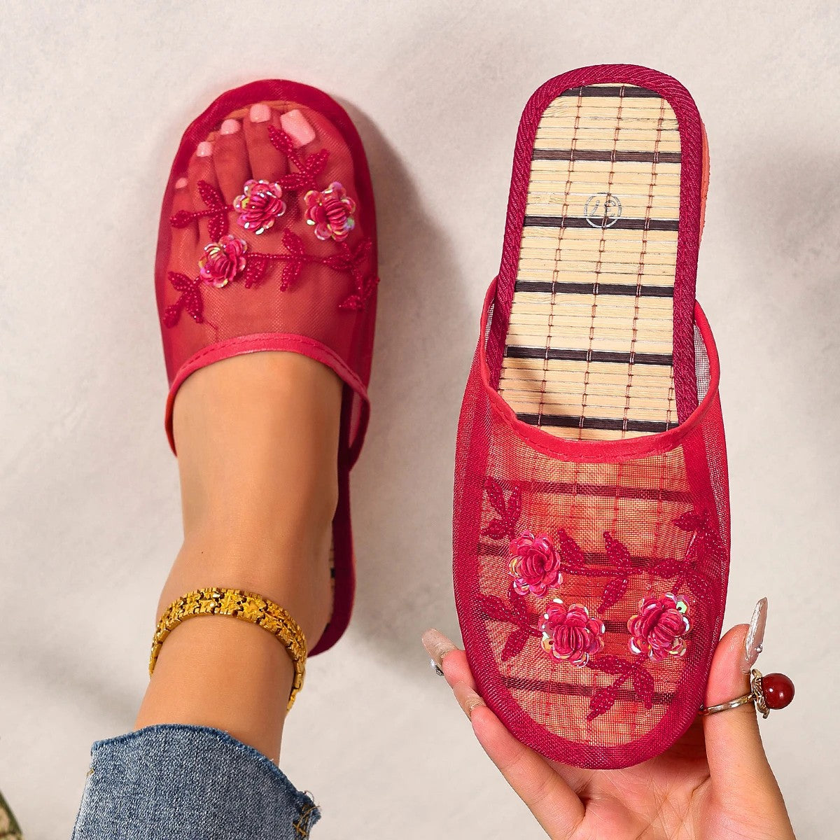 Lunel Mesh Bamboo Mules - Cherry Red