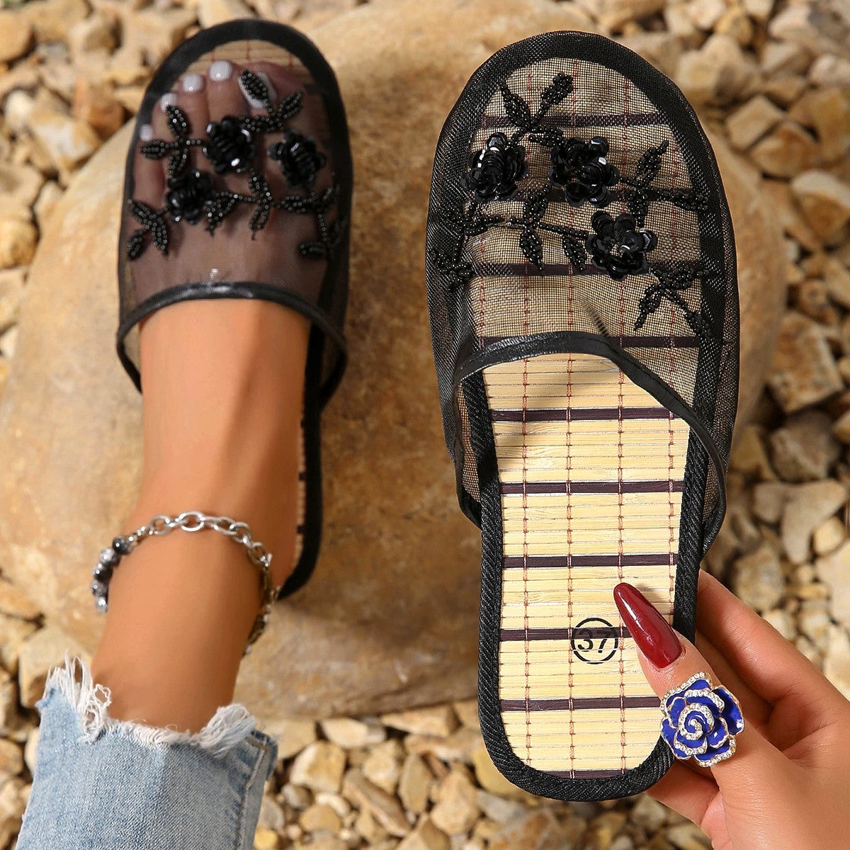 Lunel Mesh Bamboo Mules - Onyx Black