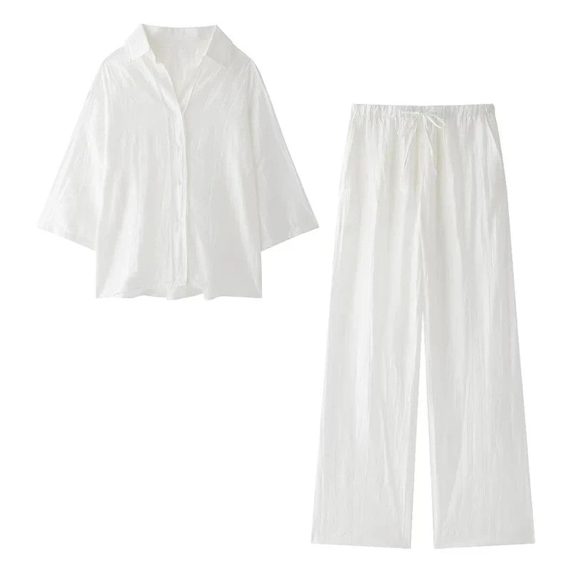 Maevis Jacquard Shirt Pants Set - Ivory