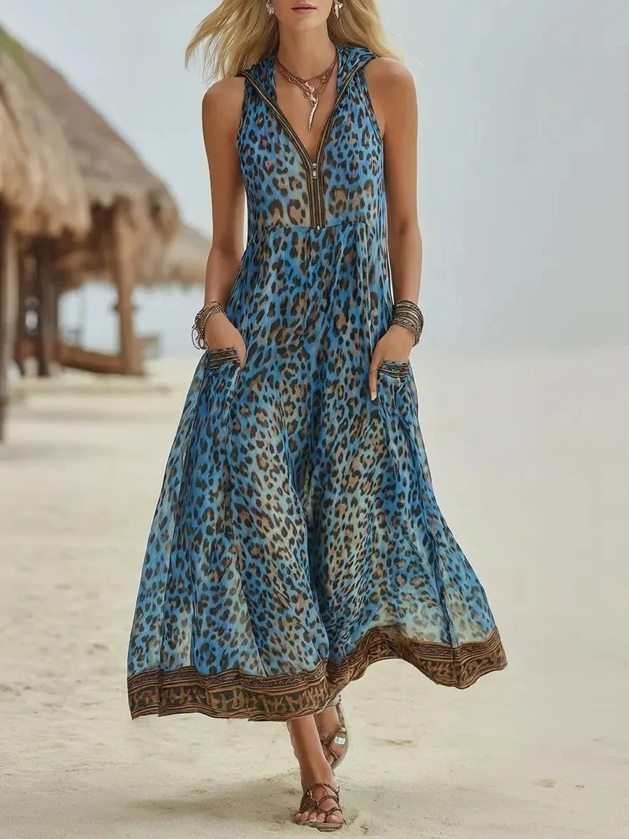 Marbella Leopard Maxi Dress - Aegean Blue