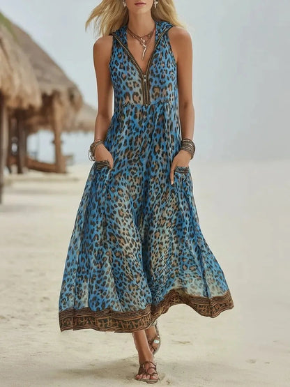 Marbella Leopard Maxi Dress - Aegean Blue