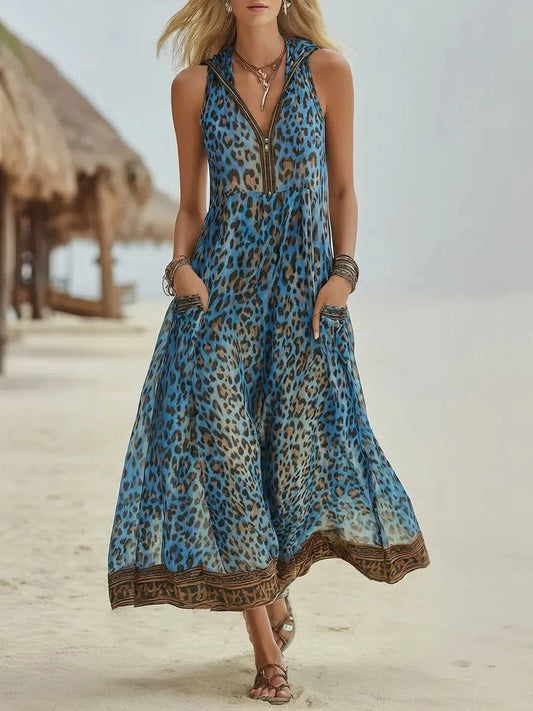Marbella Leopard Maxi Dress - Aegean Blue
