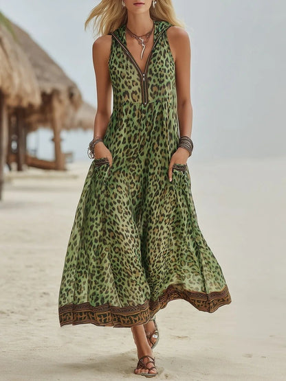 Marbella Leopard Maxi Dress - Forest Green