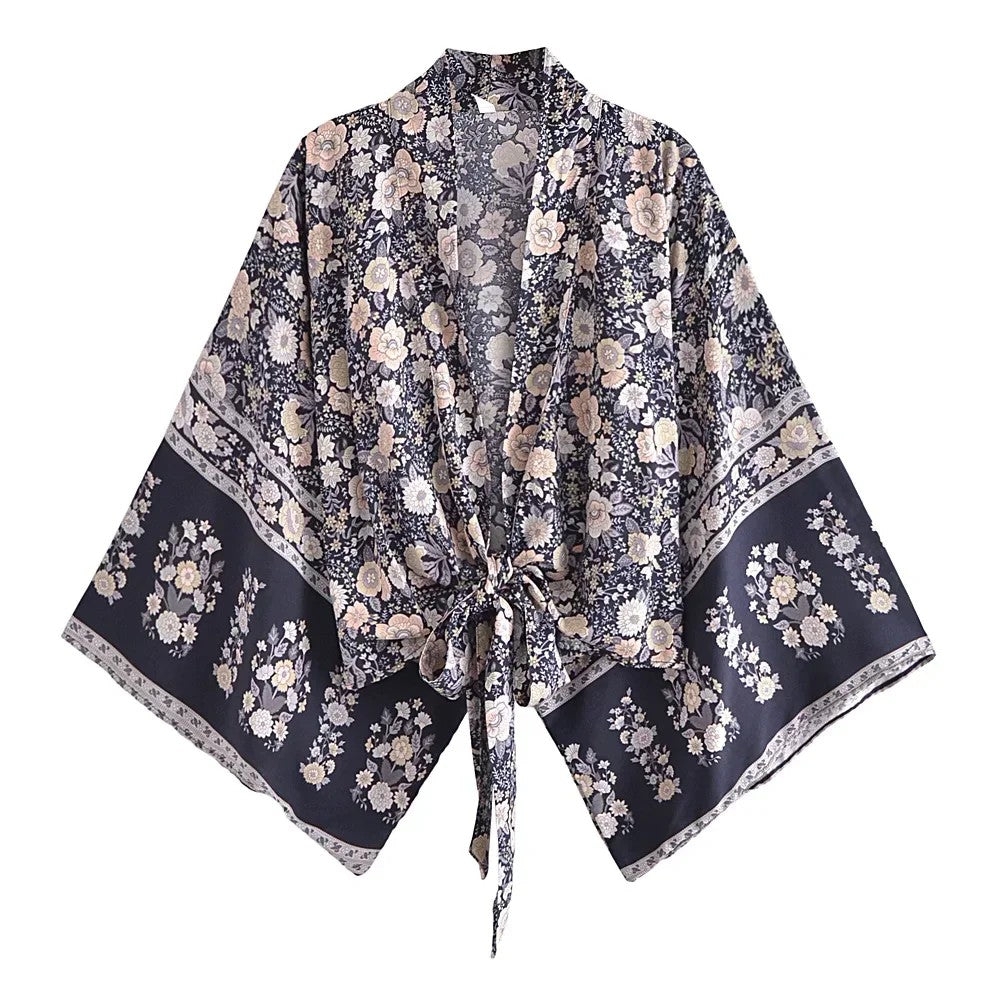 Menton Floral Kimono - Slate Grey