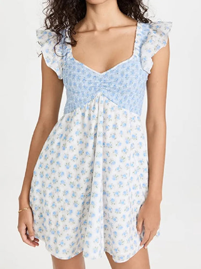 Mira Floral Ruched Mini Dress - White Blue Floral