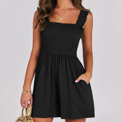 Smocked Cotton Ruffle Midi Dress - Classic Black