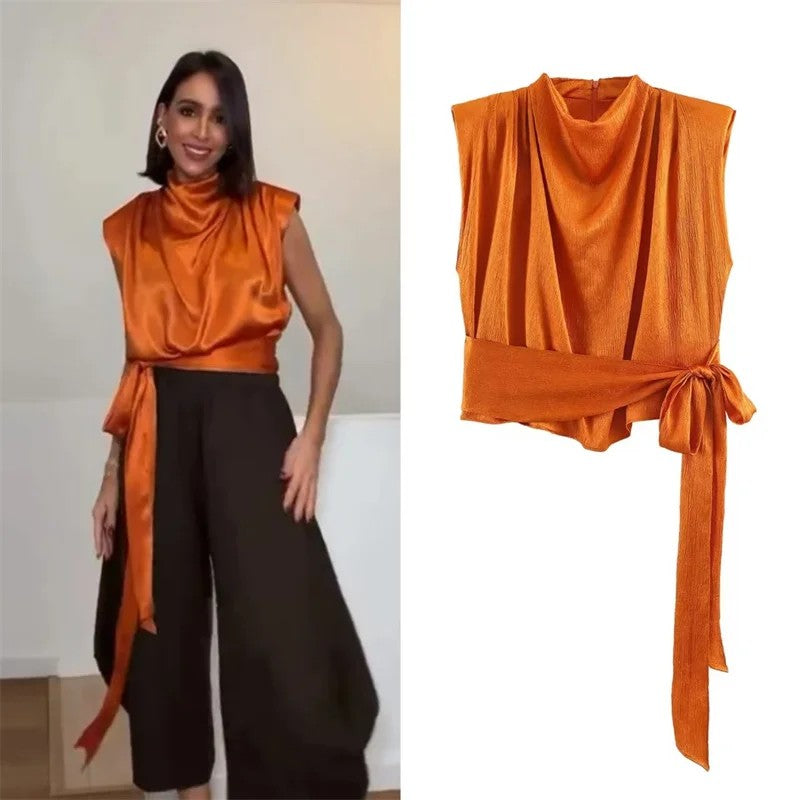 Modena Draped Satin Top - Tangerine