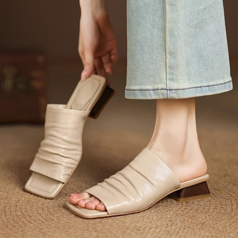 Modena Genuine Leather Pleated Mules - Apricot
