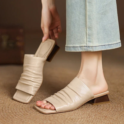 Modena Genuine Leather Pleated Mules - Apricot
