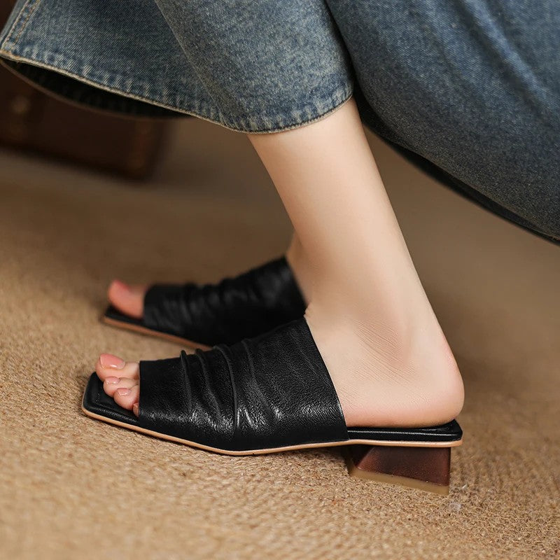 Modena Genuine Leather Pleated Mules - Black