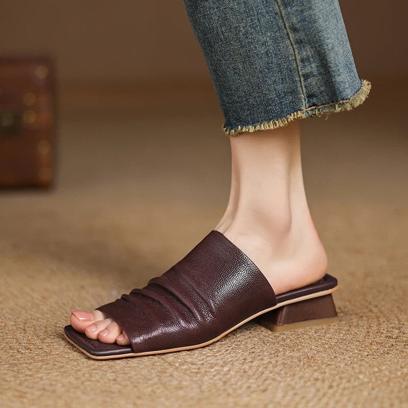 Modena Genuine Leather Pleated Mules - Brown