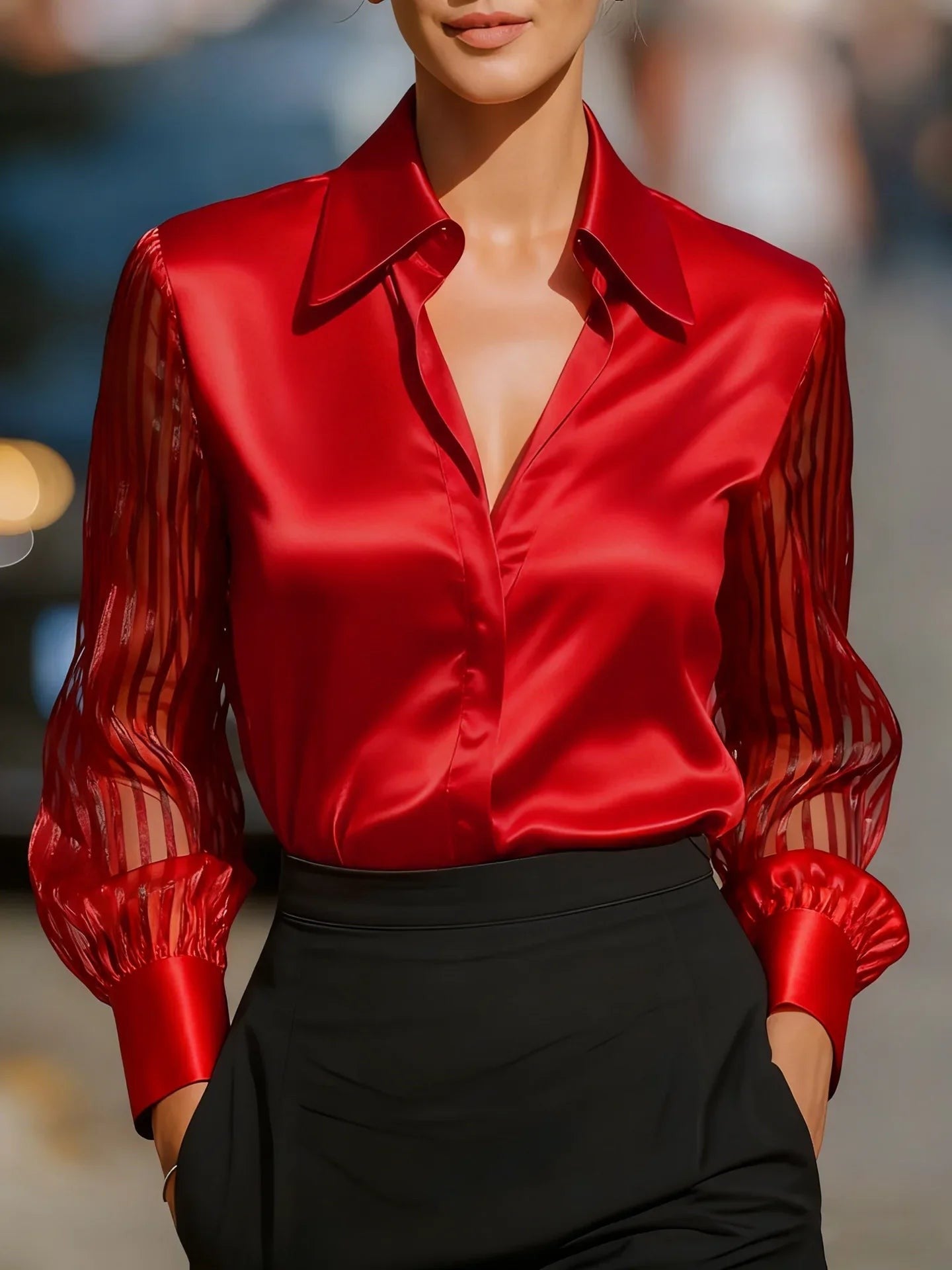 Montreux Satin Sheer Blouse - Crimson